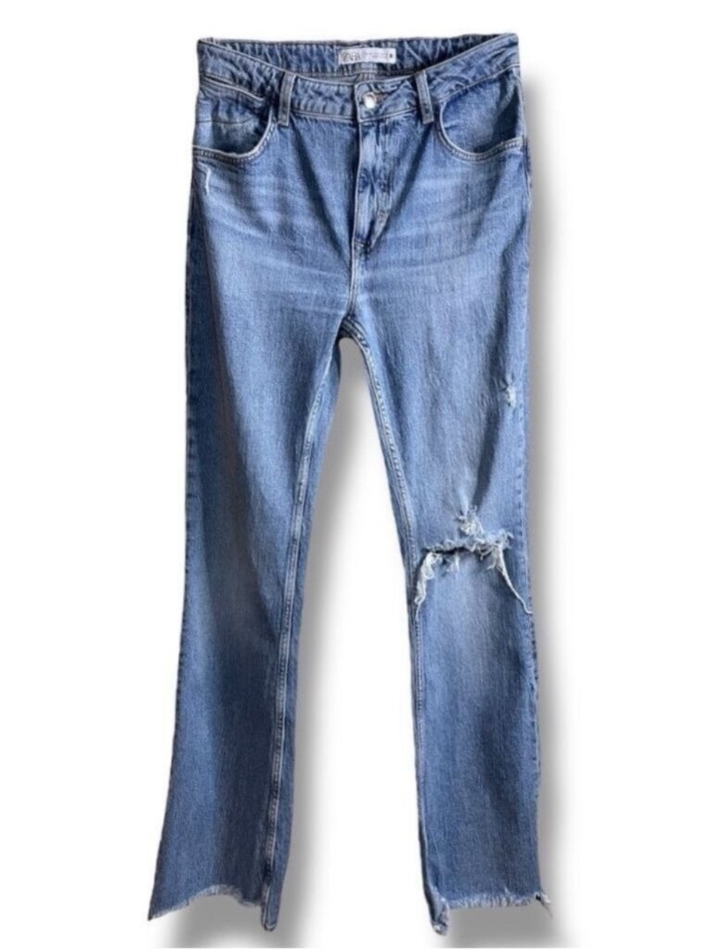 Zara Boot Cut Medium Wash Denim Jeans Size 8 Distressed Knee and Hem Stretch